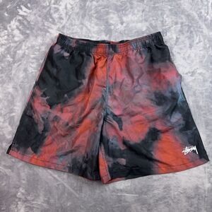 Stussy Men's Red Black Tie Dye Drawstring Unlined Swim Shorts Size XL